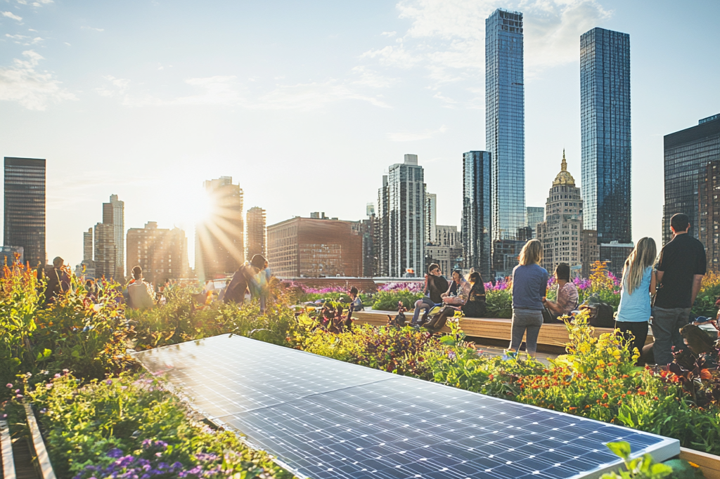 Urbaner Dachgarten mit integrierten Photovoltaik-Solarmodulen, umgeben von üppigem Grün, Blumenbeeten und Gemüsepflanzen. Menschen genießen die entspannte Atmosphäre, während im Hintergrund eine moderne Skyline bei Sonnenuntergang sichtbar ist, die Nachhaltigkeit und erneuerbare Energien symbolisiert.